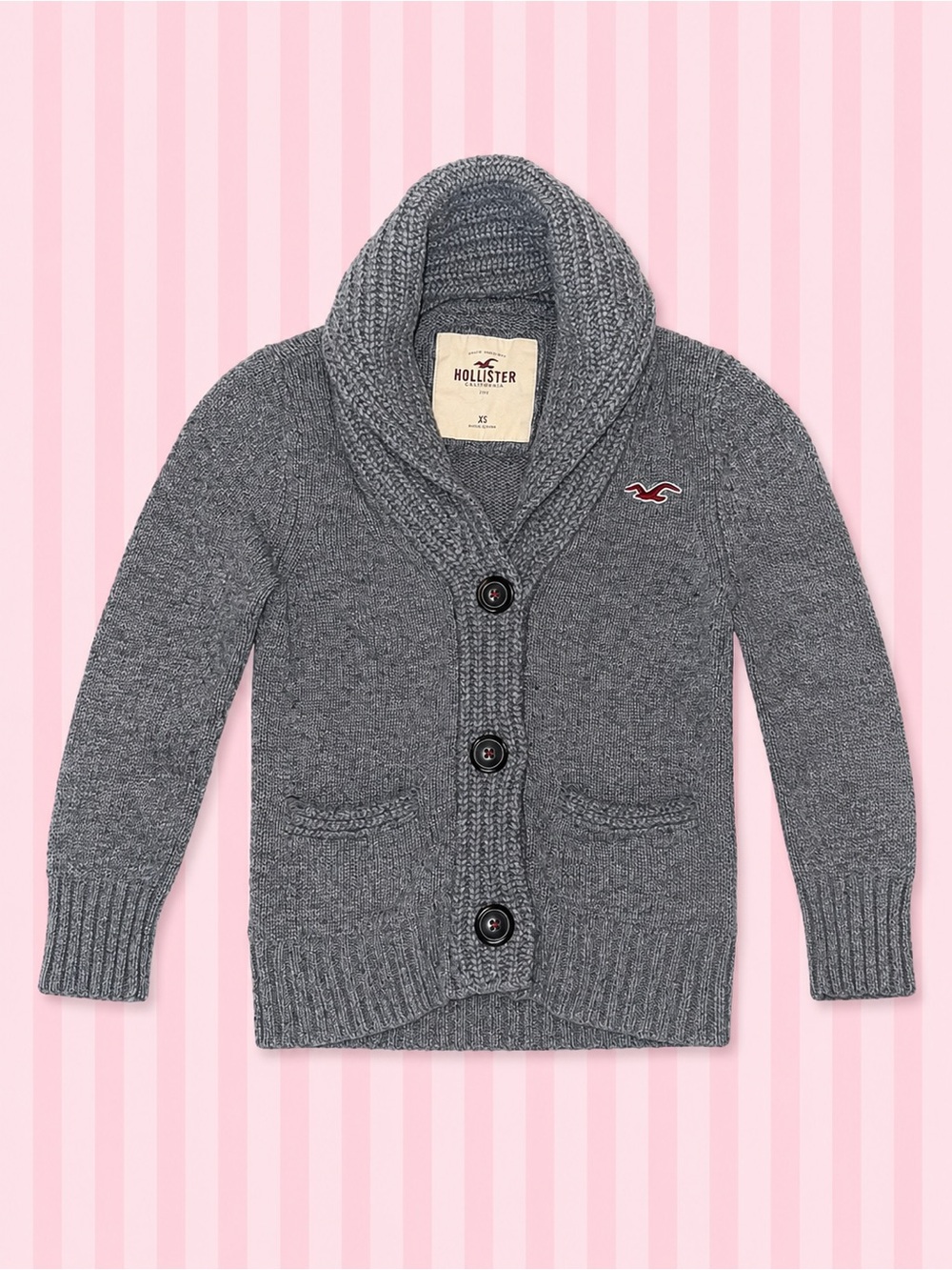 Hollister Gray Chunky Knit Shawl Collar Cardigan XS | Y2K Preppy Cozy Sweater